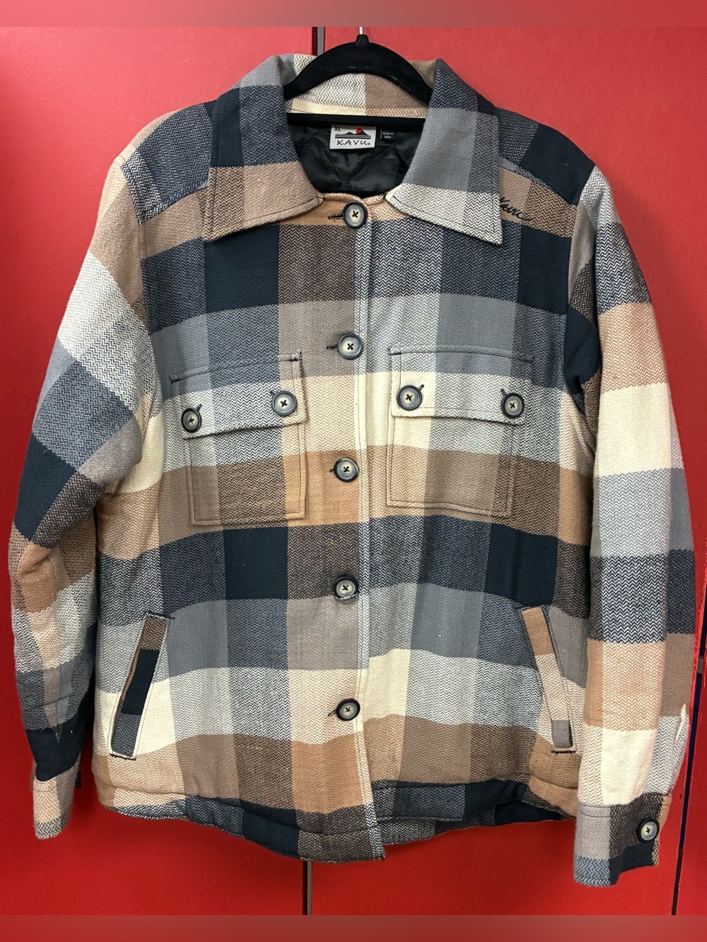 KAVU Quilted Plaid Jacket Shacket Women’s XL Neutral Earth Tone